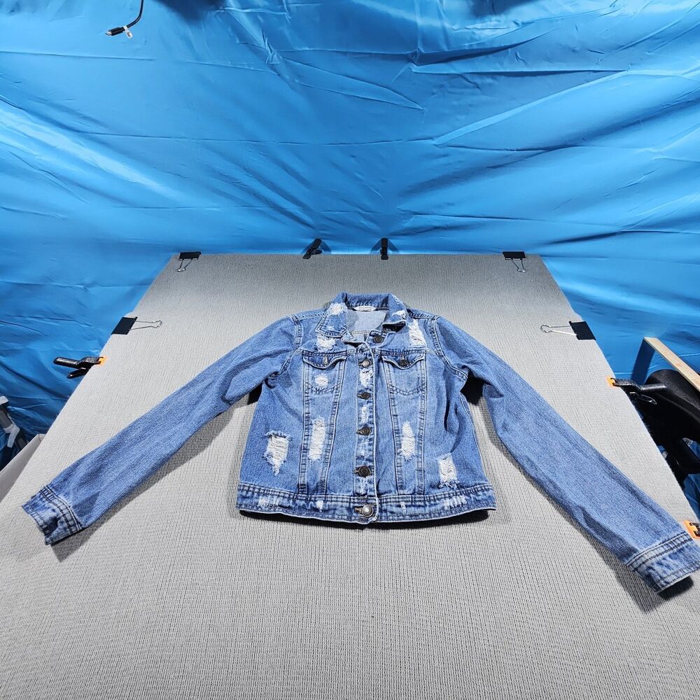 Blu[edit] Distressed Jean Jacket, specifically a medium wash denim piece with...